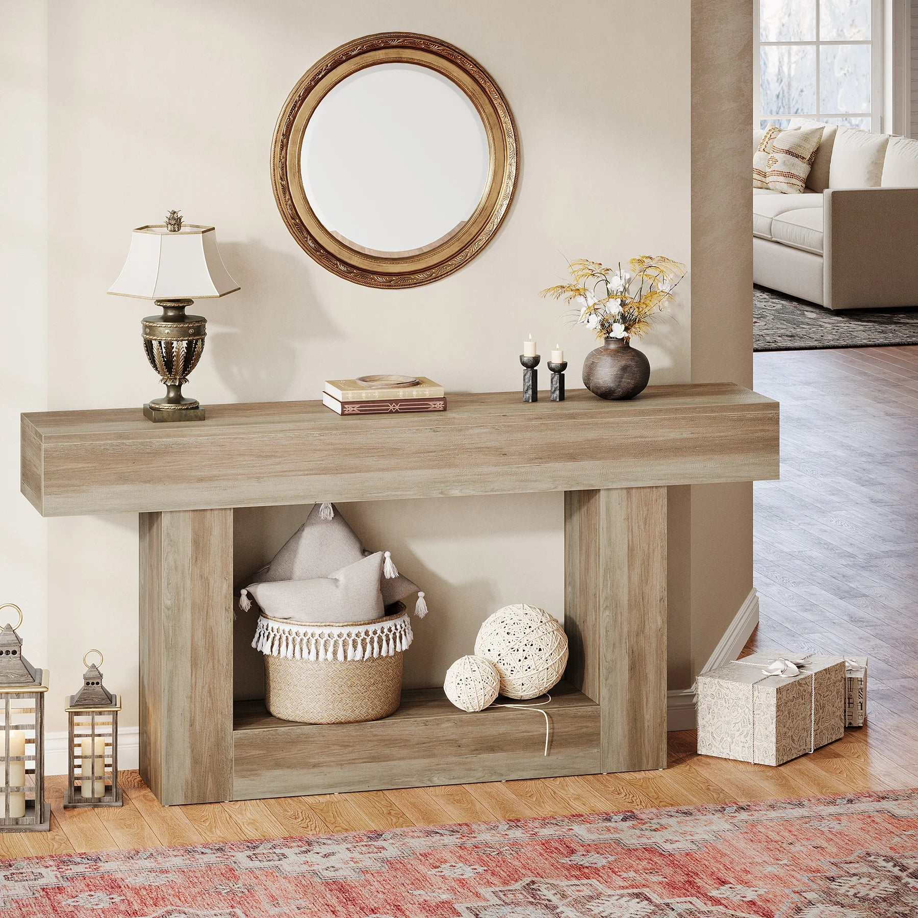 Console en Bois Bicolore avec Plateau Longiligne et Piètement Rectangulaire Architectural