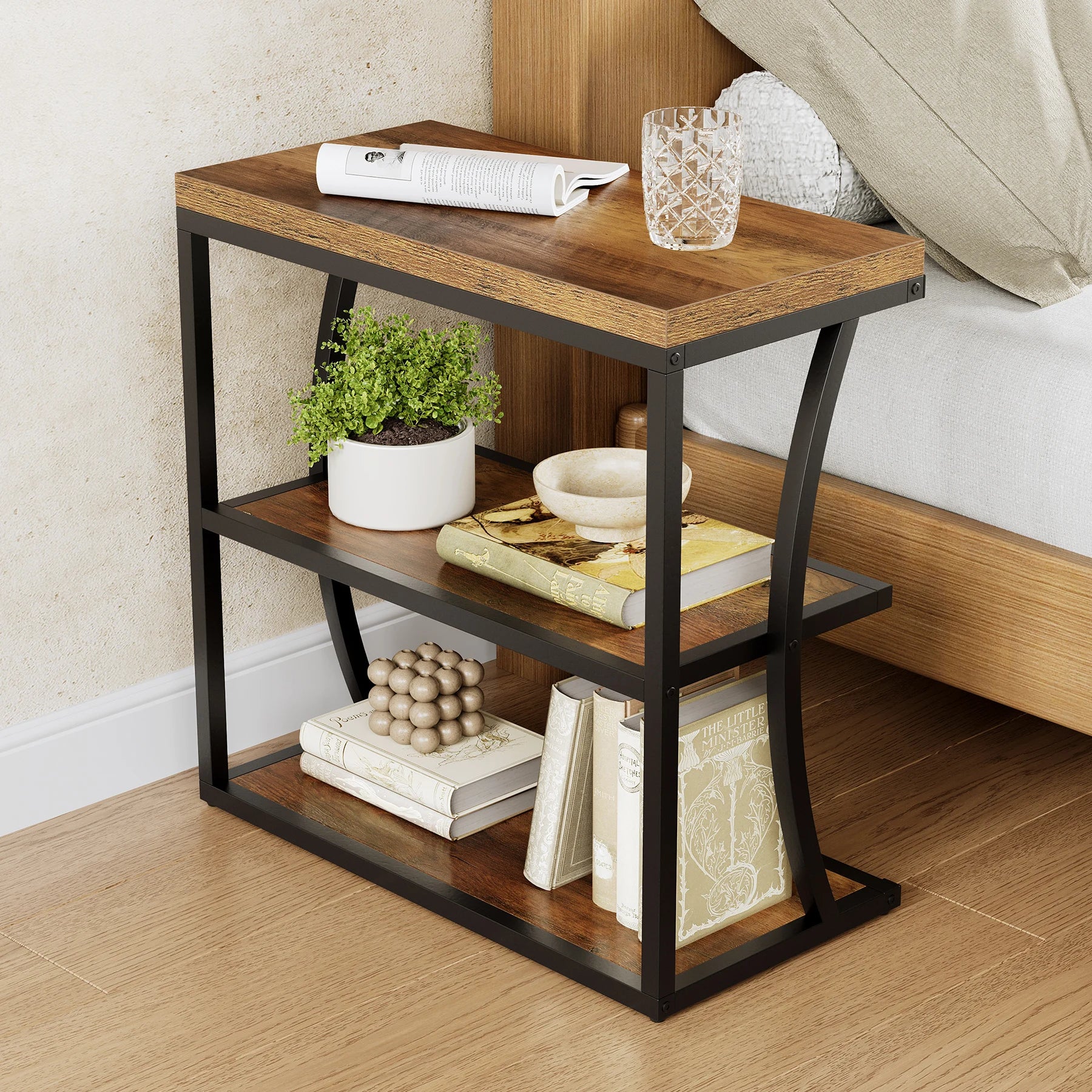 Console Étagère Industrielle en Bois et Métal Noir à 3 Niveaux