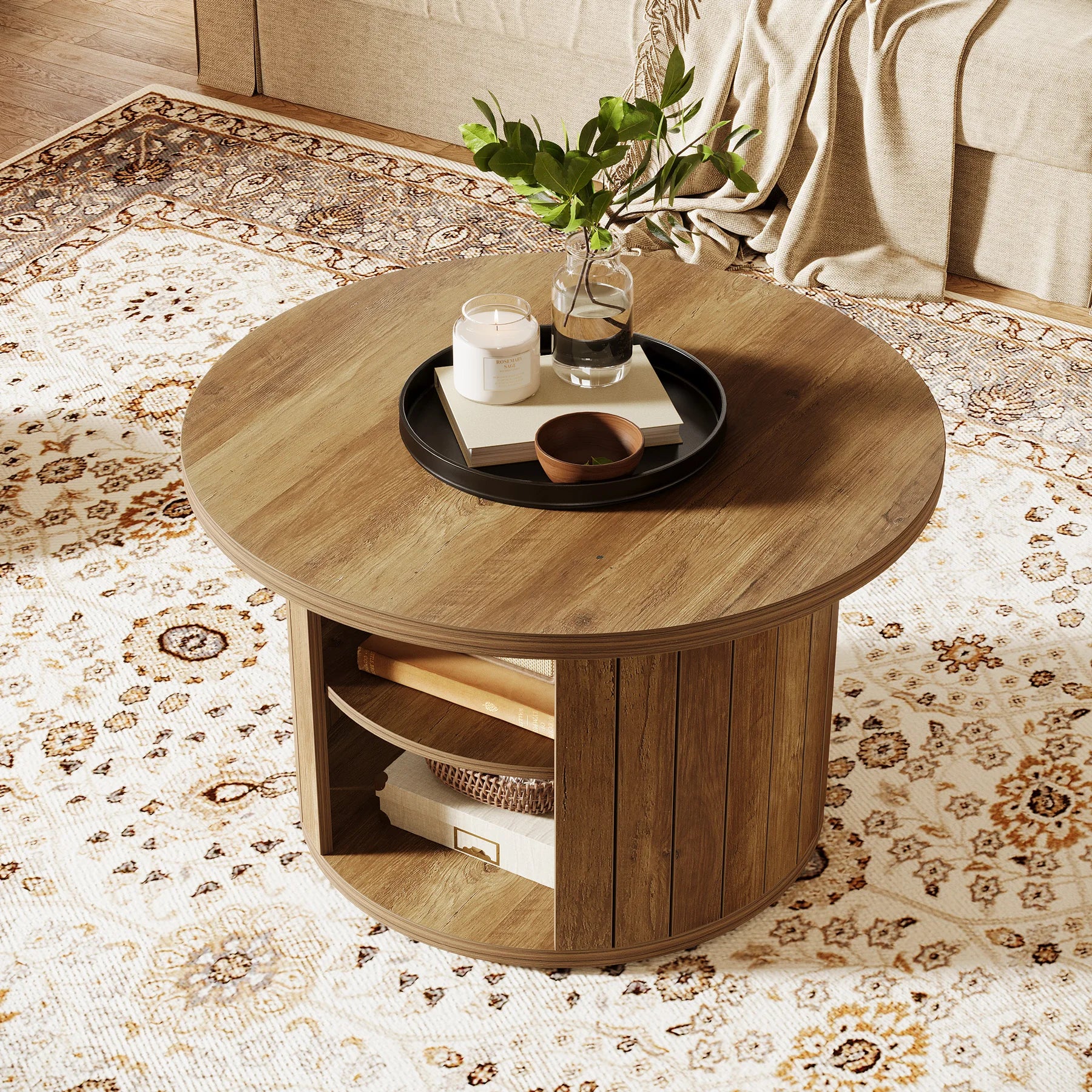 Table Basse Ronde en Bois avec Rangements Intégrés