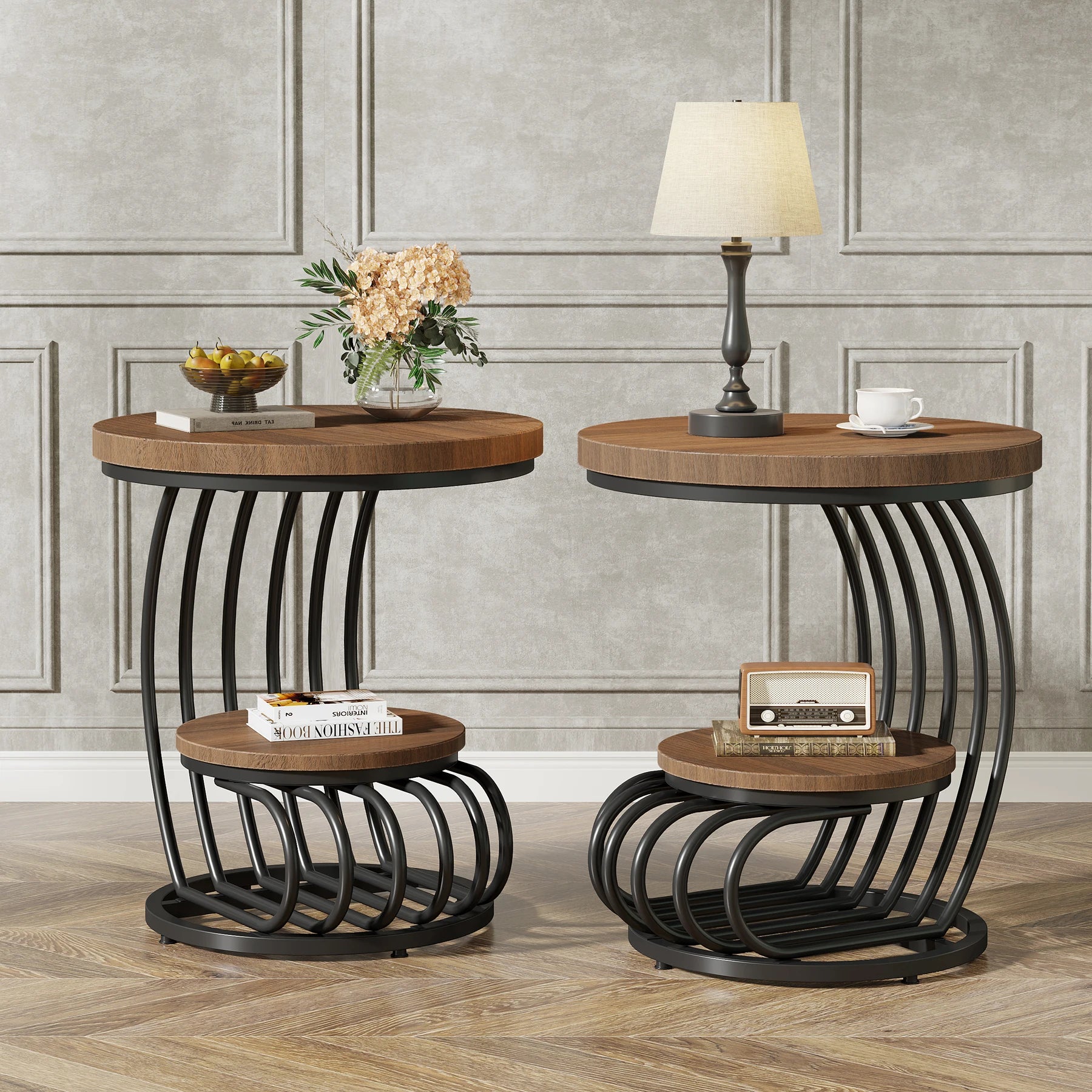 Table d’Appoint Ronde Design à Double Plateau en Bois et Métal