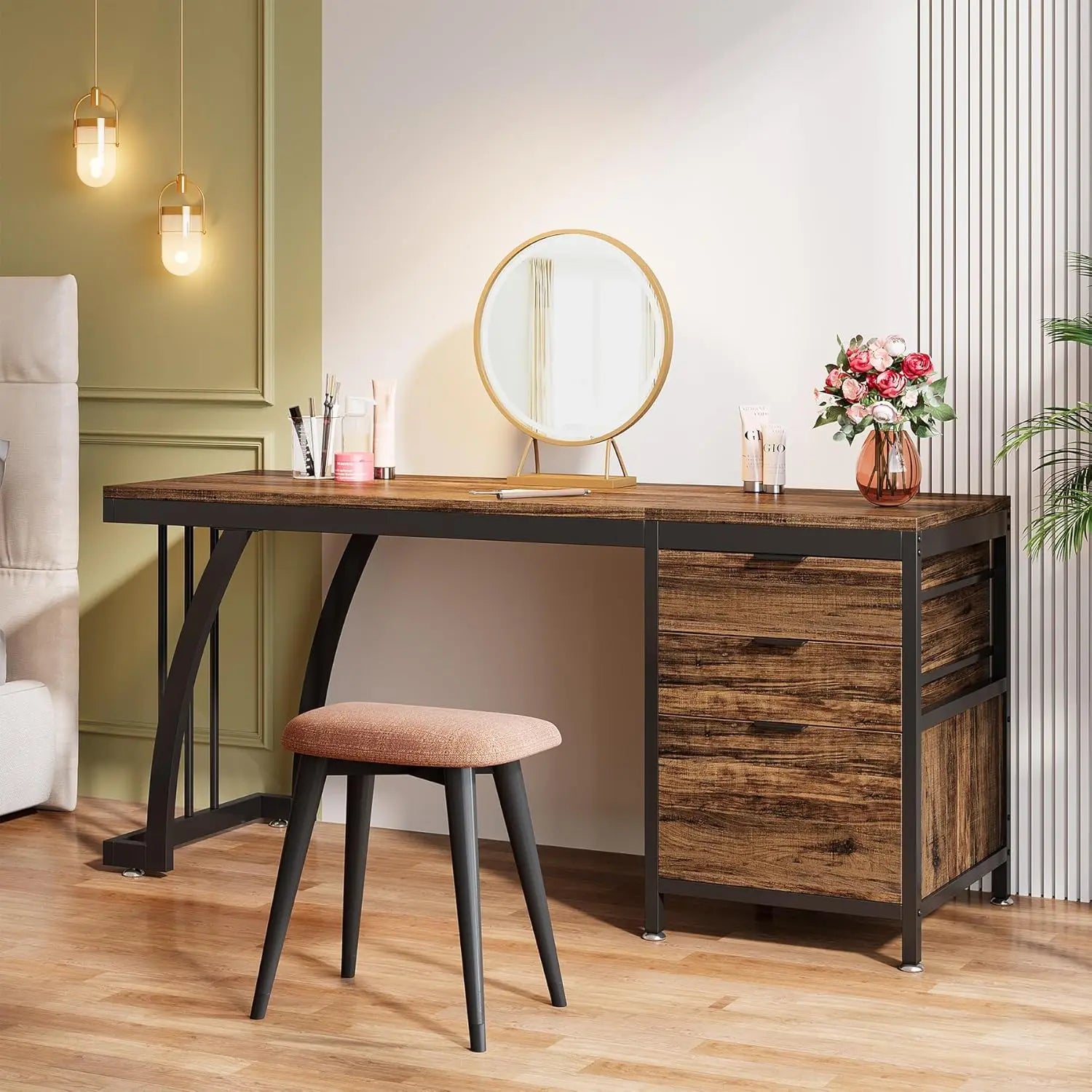 Coiffeuse 3 tiroirs marron rustique