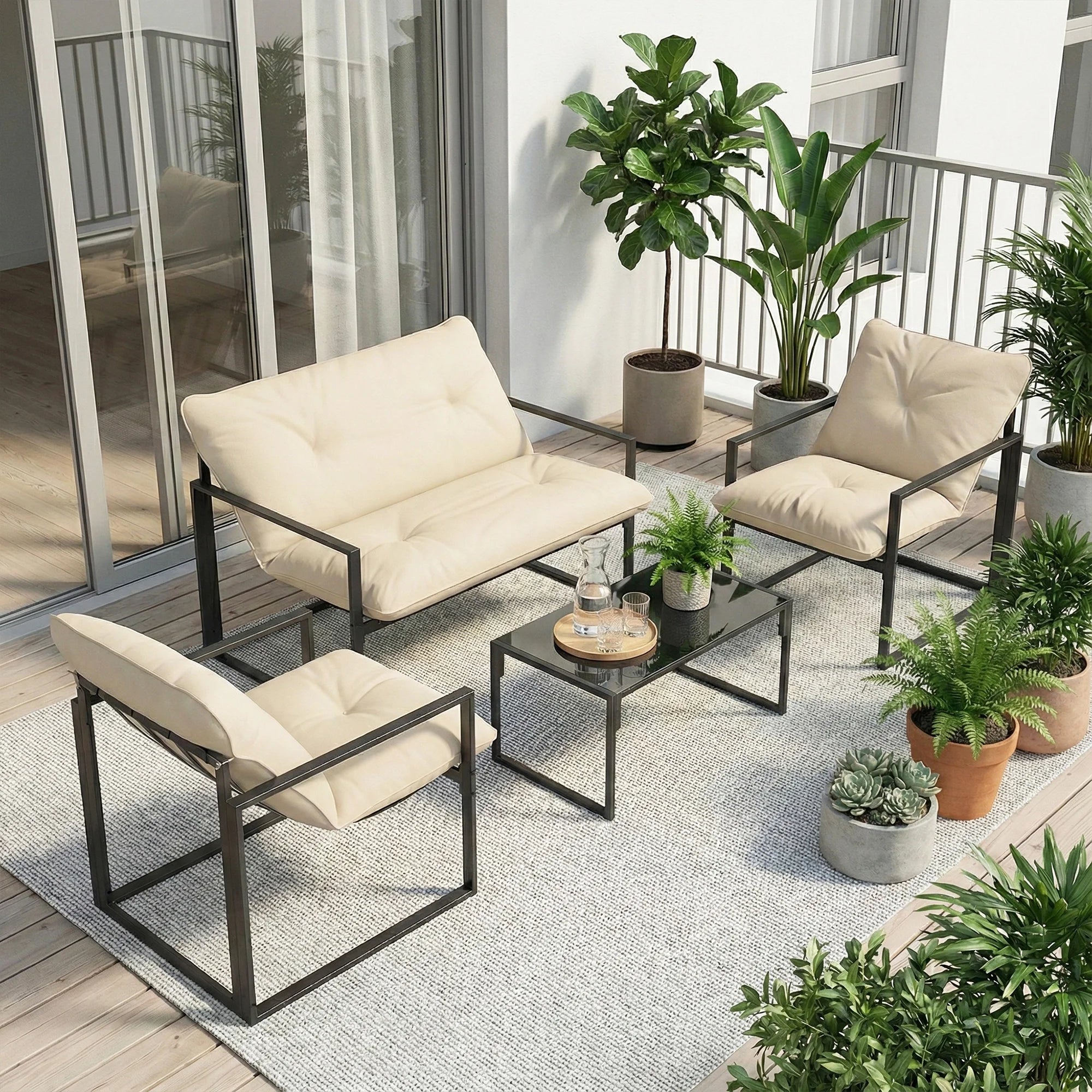 Salon lounge bas avec table et coussins beiges