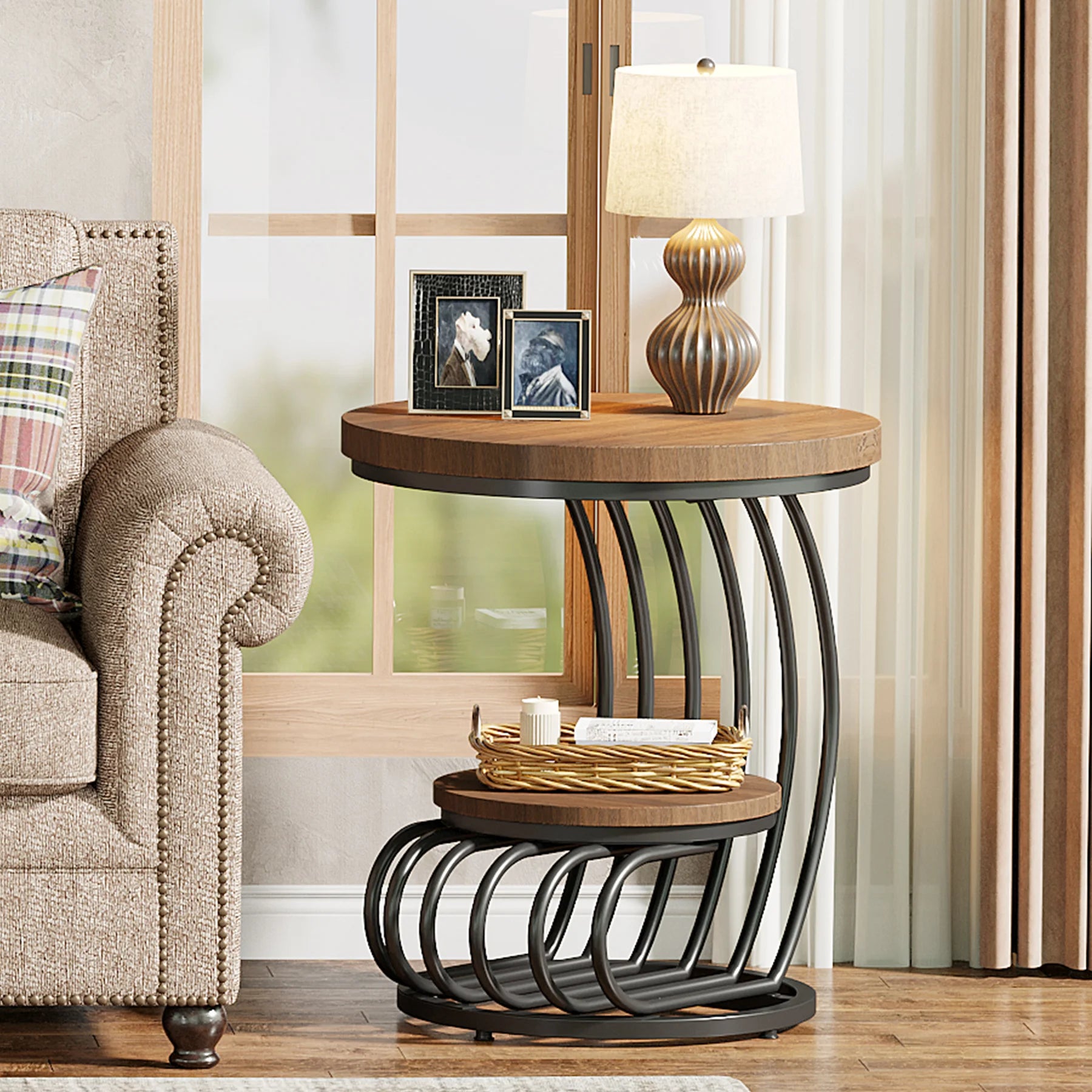 Table d’Appoint Ronde Design à Double Plateau en Bois et Métal