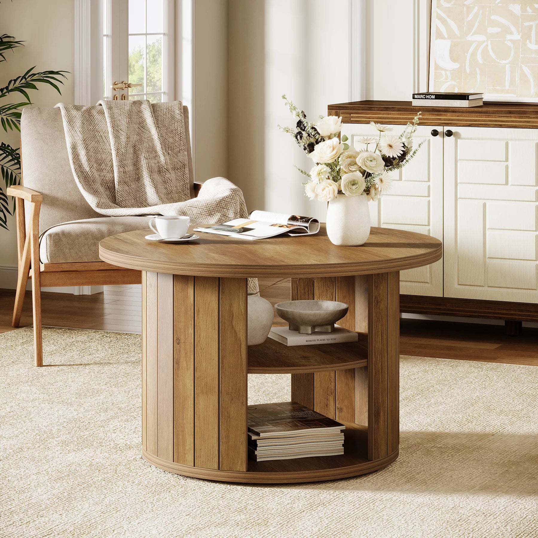 Table Basse Ronde en Bois avec Rangements Intégrés