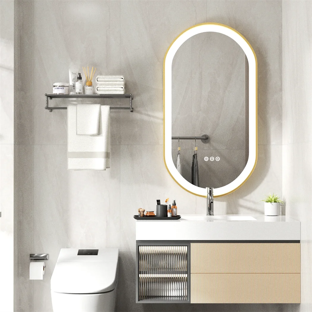 Miroir de Salle de Bain LED Oval – Cadre Doré avec Désembuage