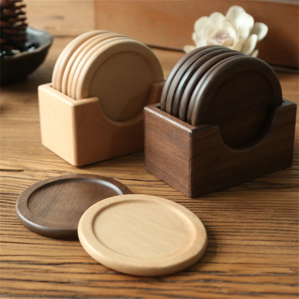 Lot de 6 sous-verres ronds en bois de noyer