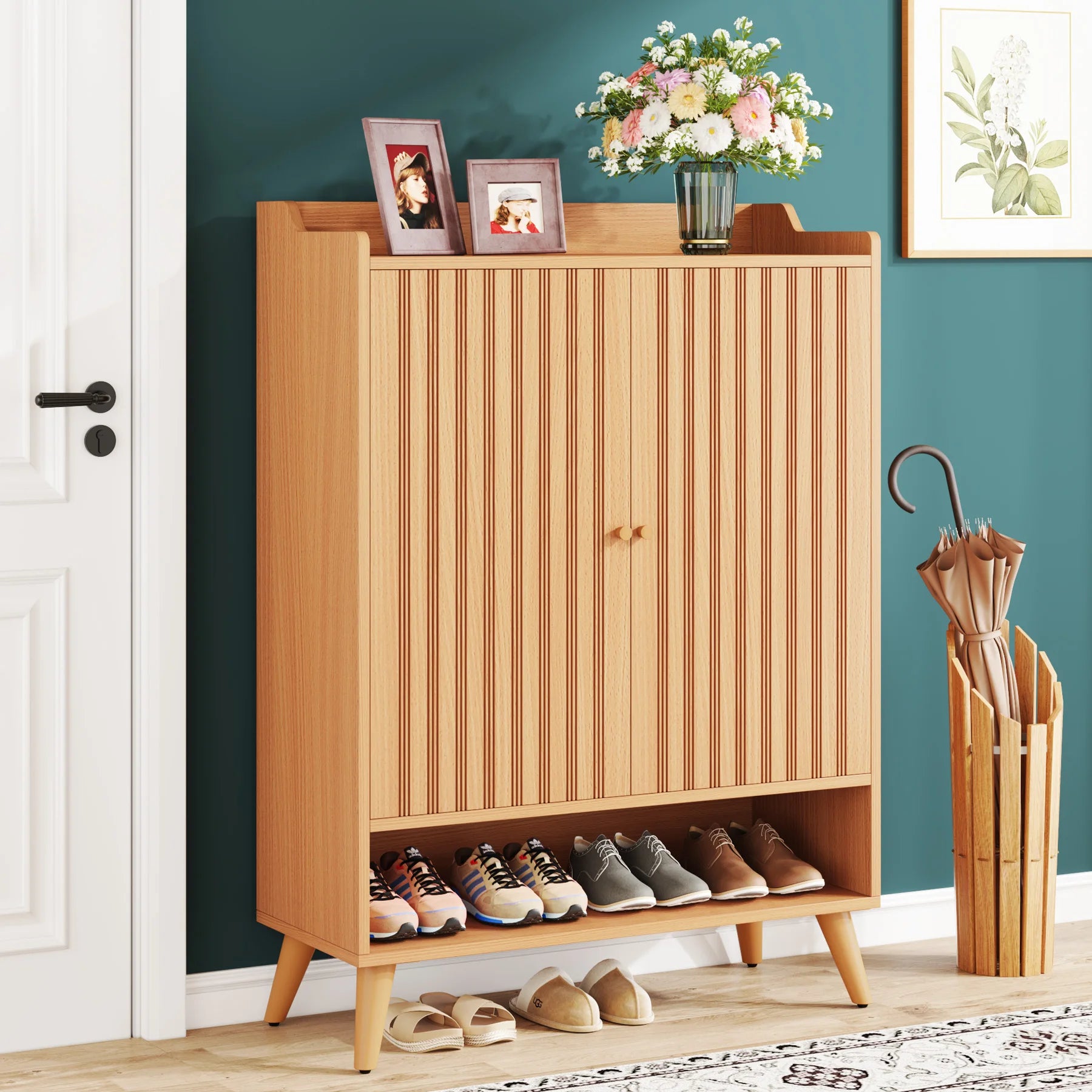 Meuble de Rangement 2 Portes Rainuré avec Motif Géométrique