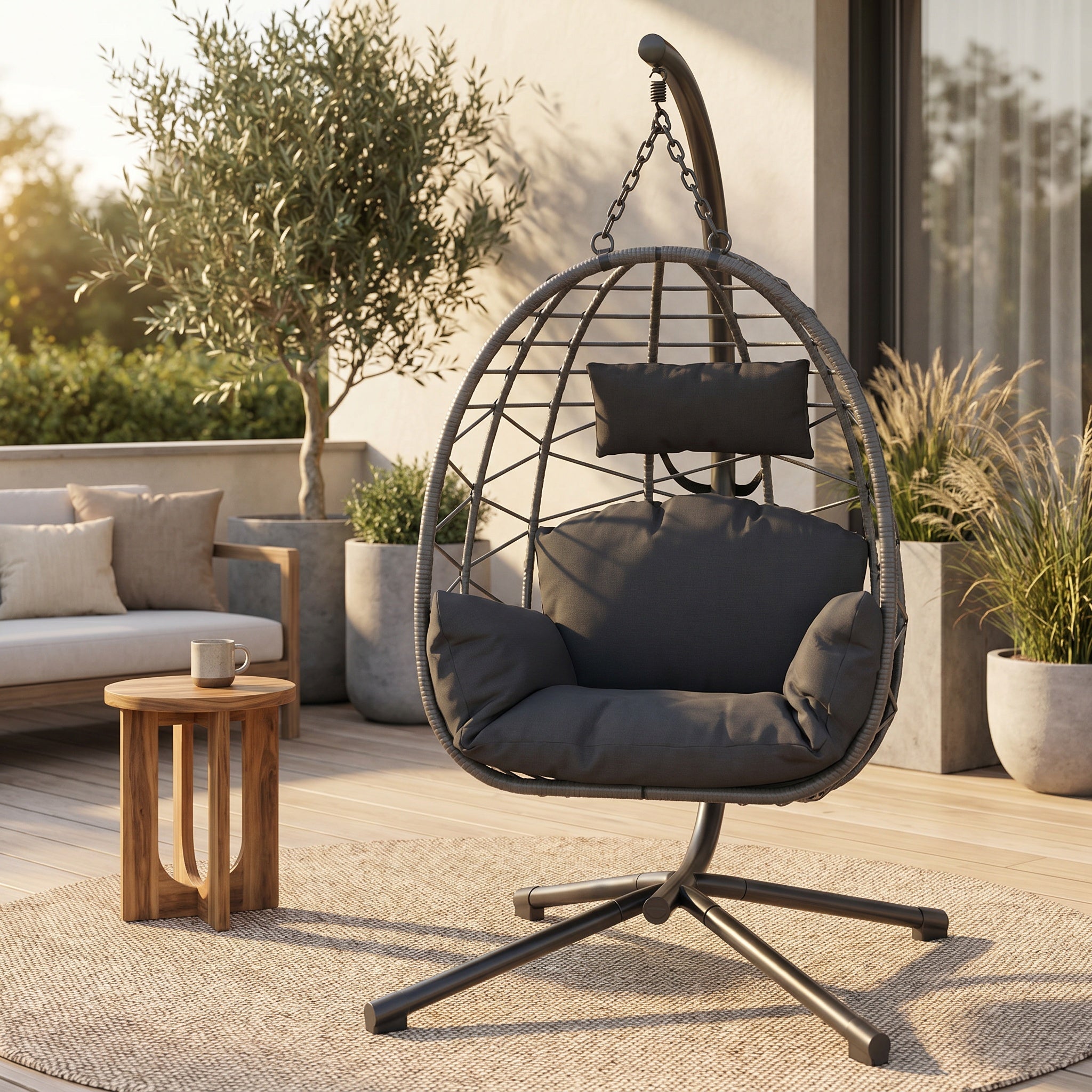 Fauteuil œuf suspendu sur pied