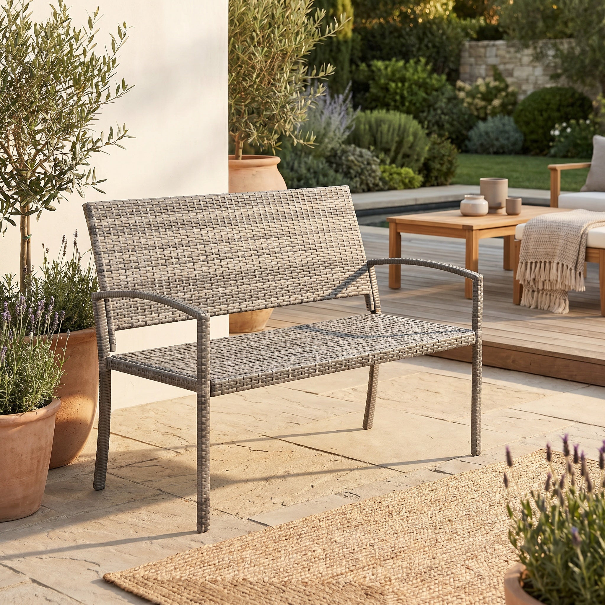 Banc de jardin en résine tressée avec assise confortable