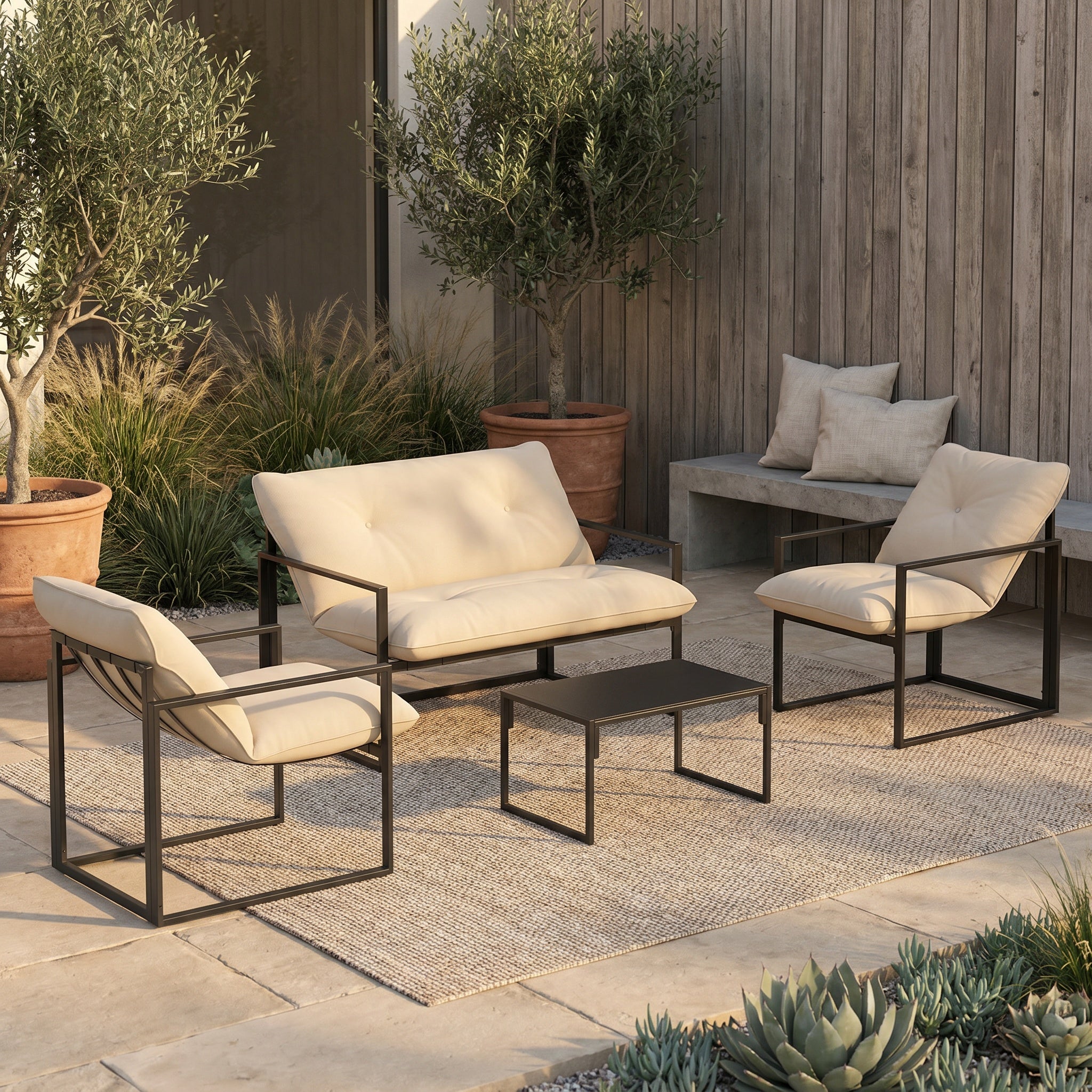 Salon lounge bas avec table et coussins beiges