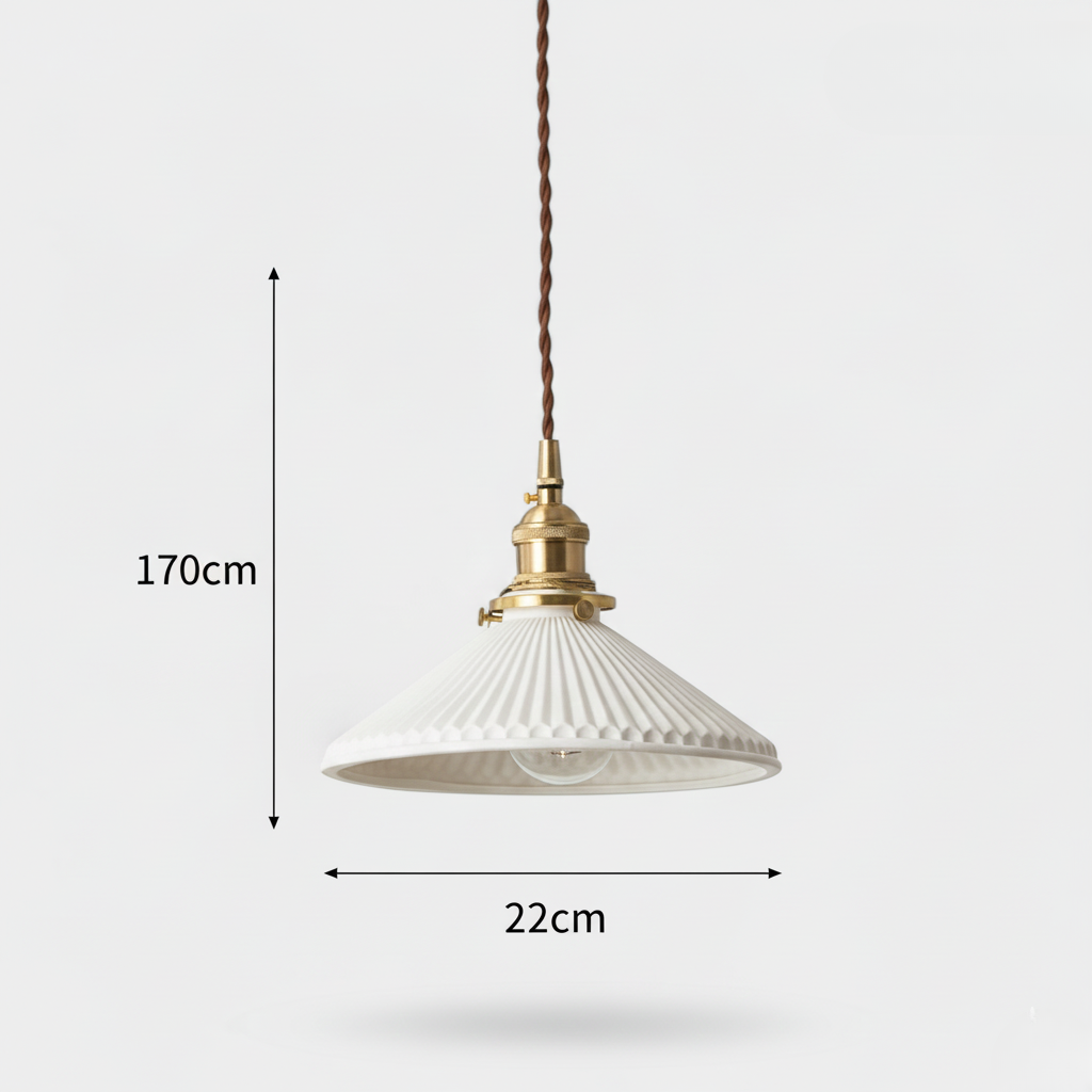 Suspension LED en céramique japonaise en forme de chapeau plissé - Ampoule incluse