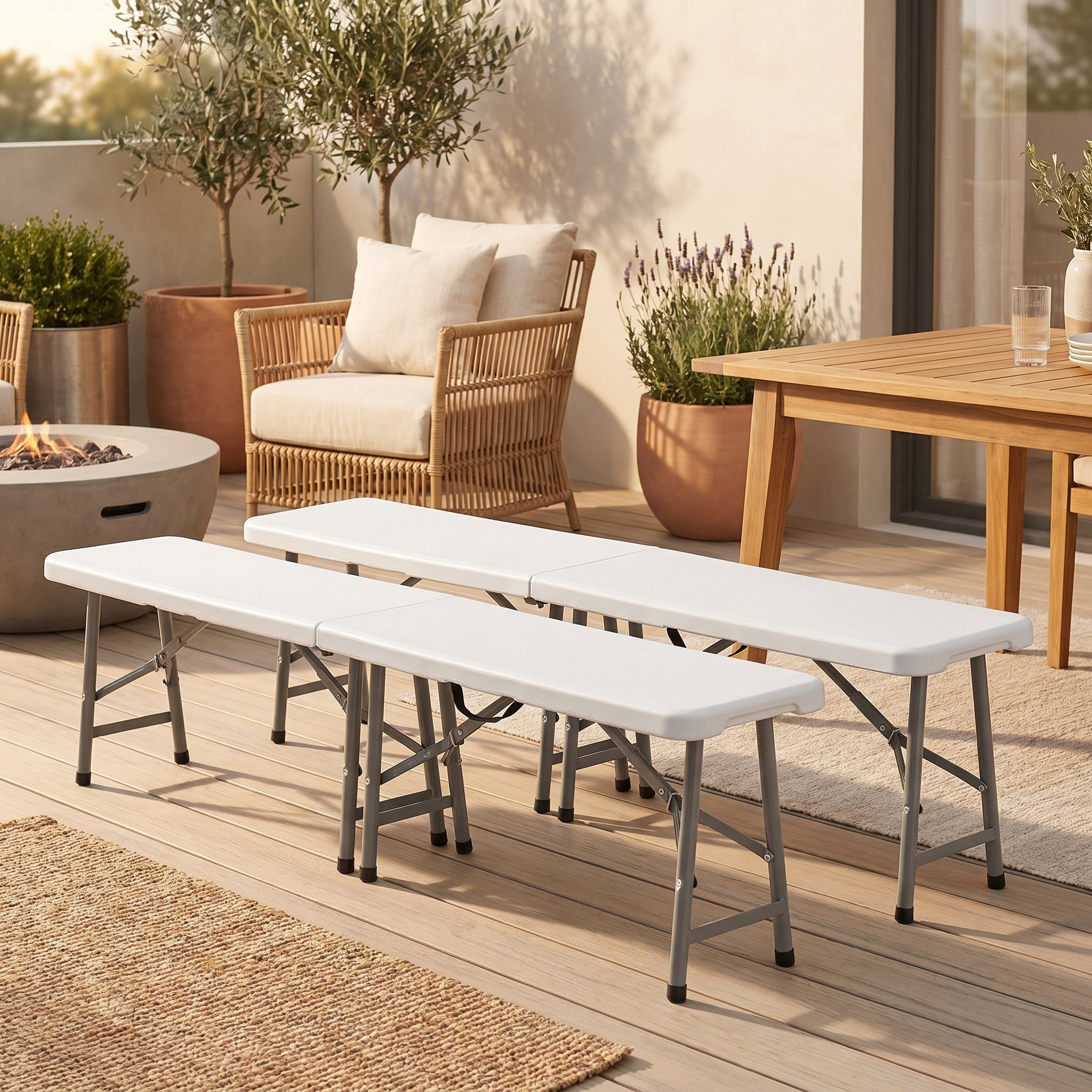 Lot de 2 bancs pliants portables avec assise rembourrée et structure en acier