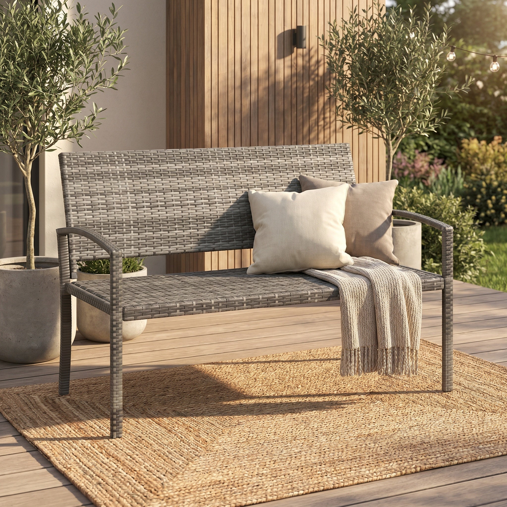 Banc de jardin en résine tressée avec assise confortable