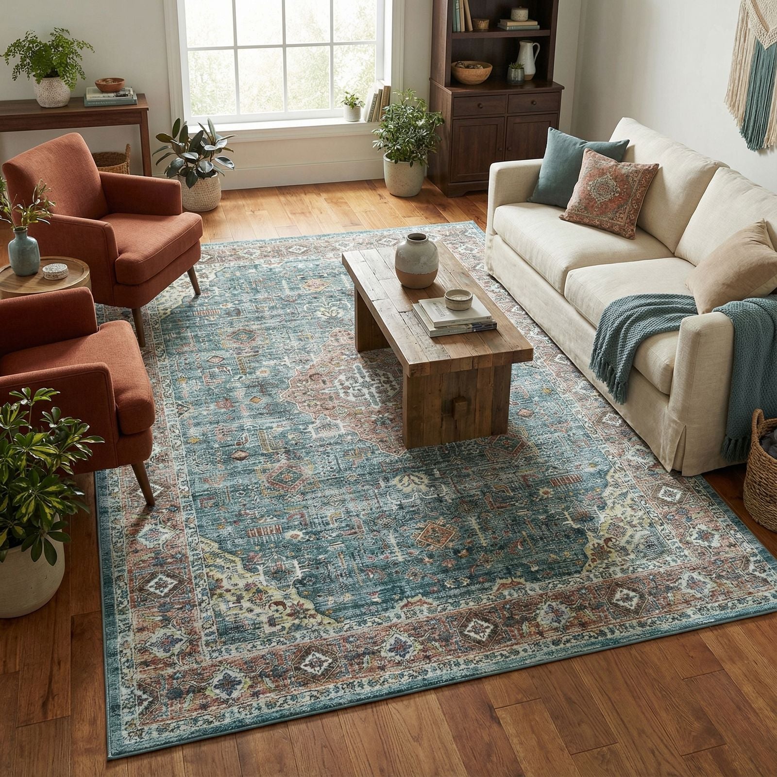 Tapis Vert Vintage Médaillon