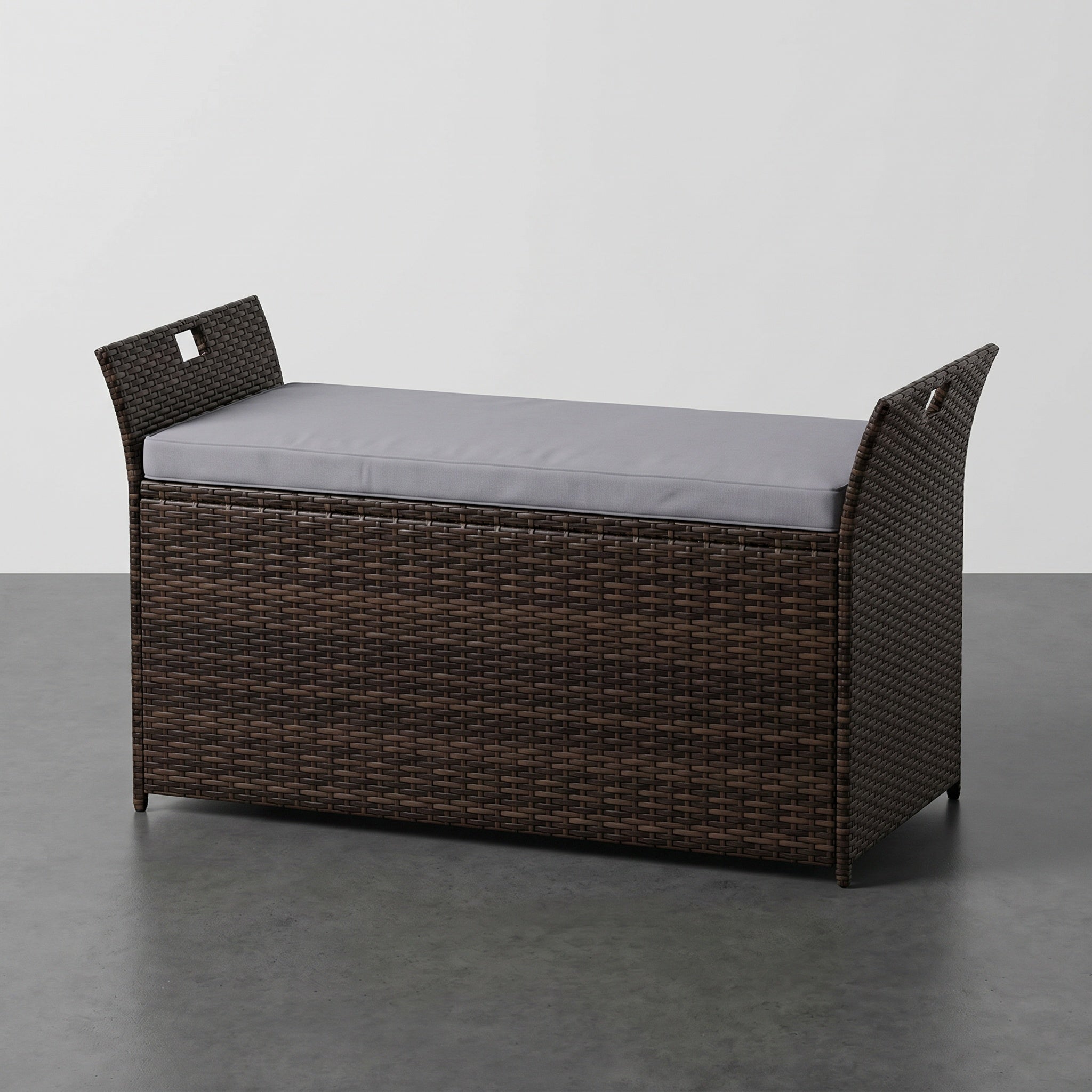 Banquette de rangement extérieure en résine tressée avec coussin gris