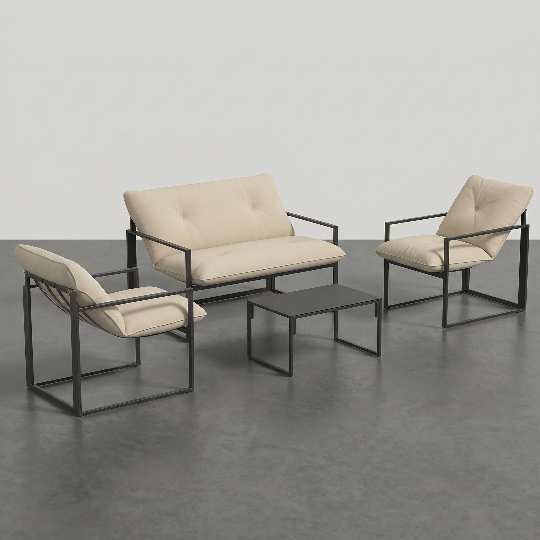 Salon lounge bas avec table et coussins beiges