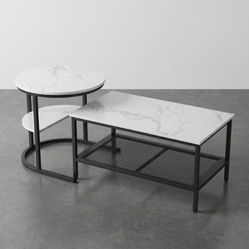 Tables basses gigognes marbre blanc et métal noir