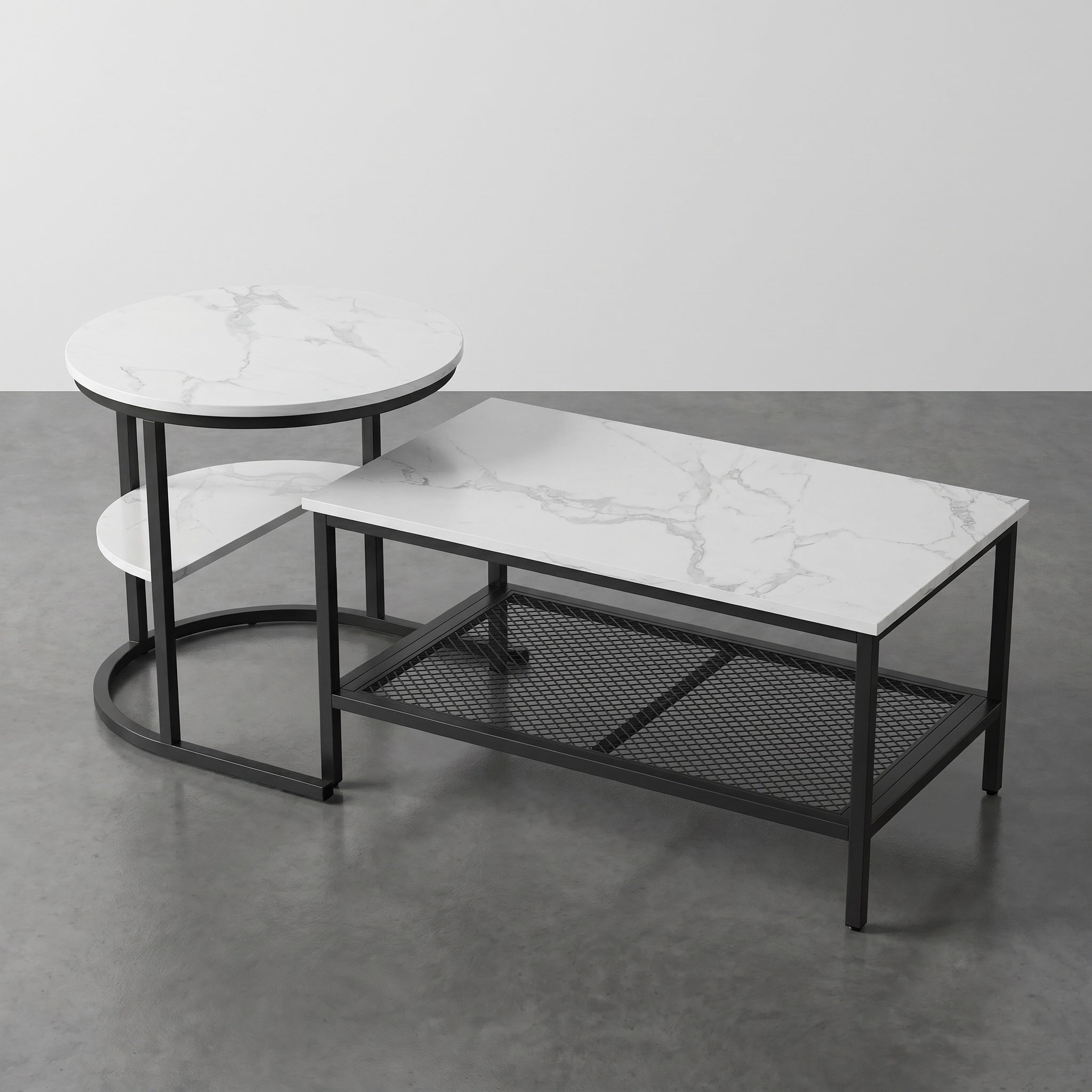 Tables basses gigognes marbre blanc et métal noir