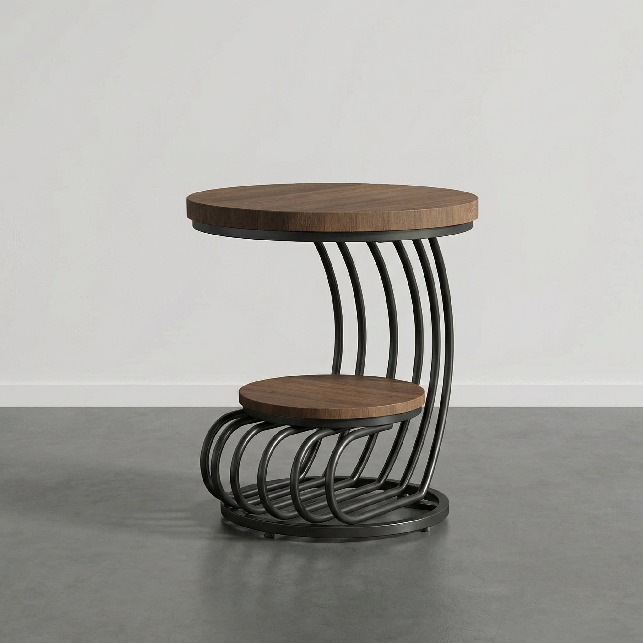 Table d’Appoint Ronde Design à Double Plateau en Bois et Métal