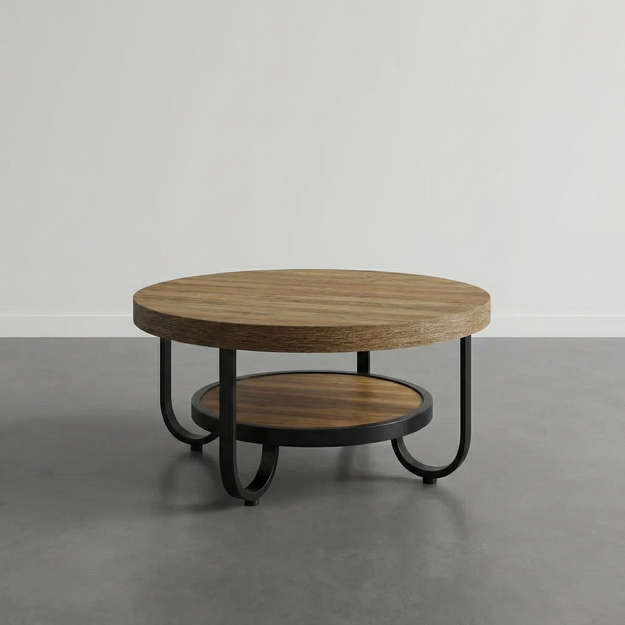Table Basse Ronde en Bois et Métal Noir avec Double Plateau