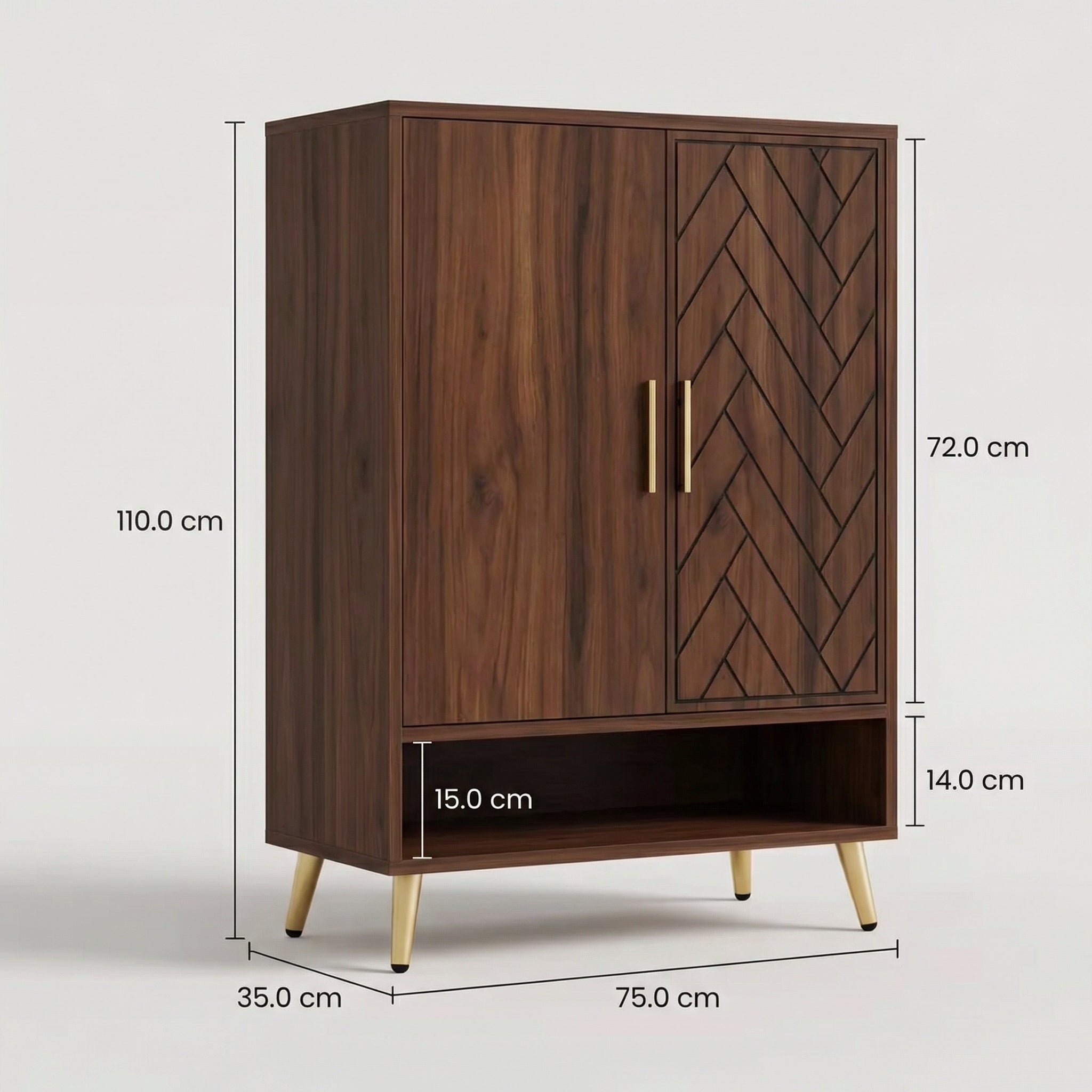 Meuble de Rangement en Bois Foncé à 2 Portes Chevron avec Niche Ouverte et Pieds Dorés