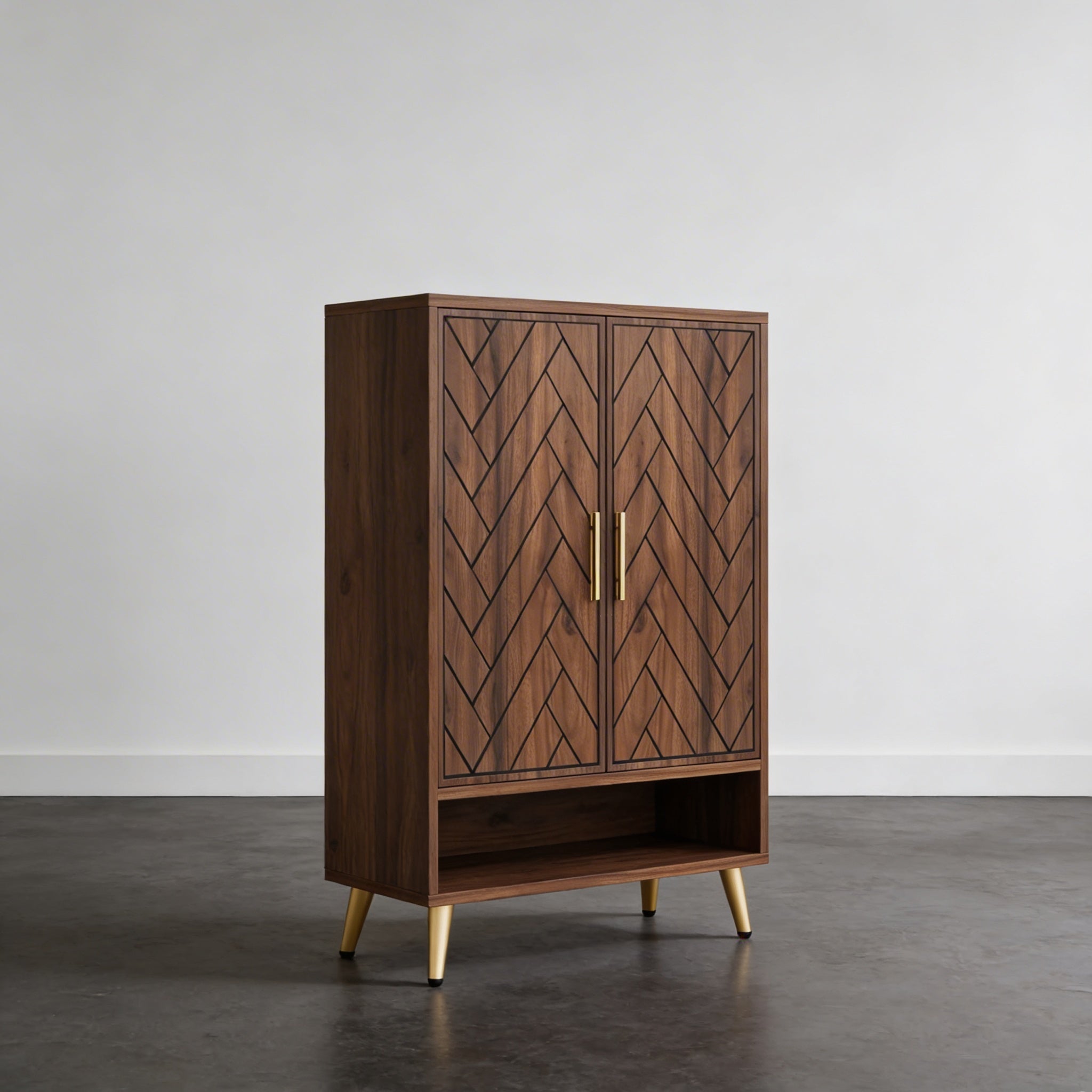 Meuble de Rangement en Bois Foncé à 2 Portes Chevron avec Niche Ouverte et Pieds Dorés