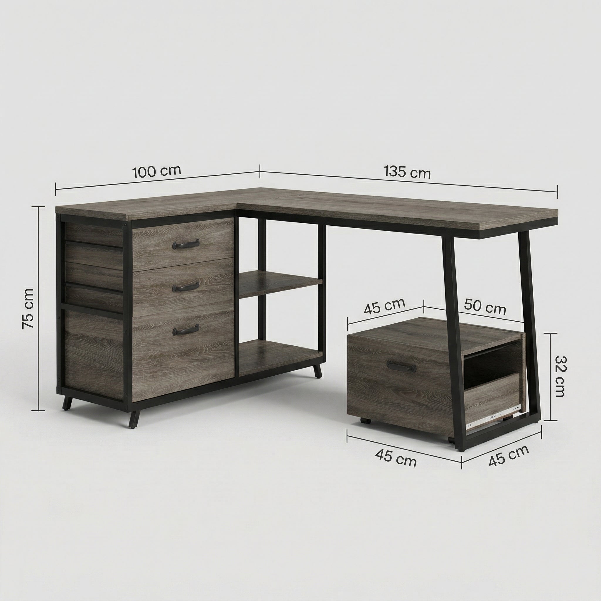 Bureau d’Angle Industriel en Bois Gris avec 3 Tiroirs et Étagères Ouvertes