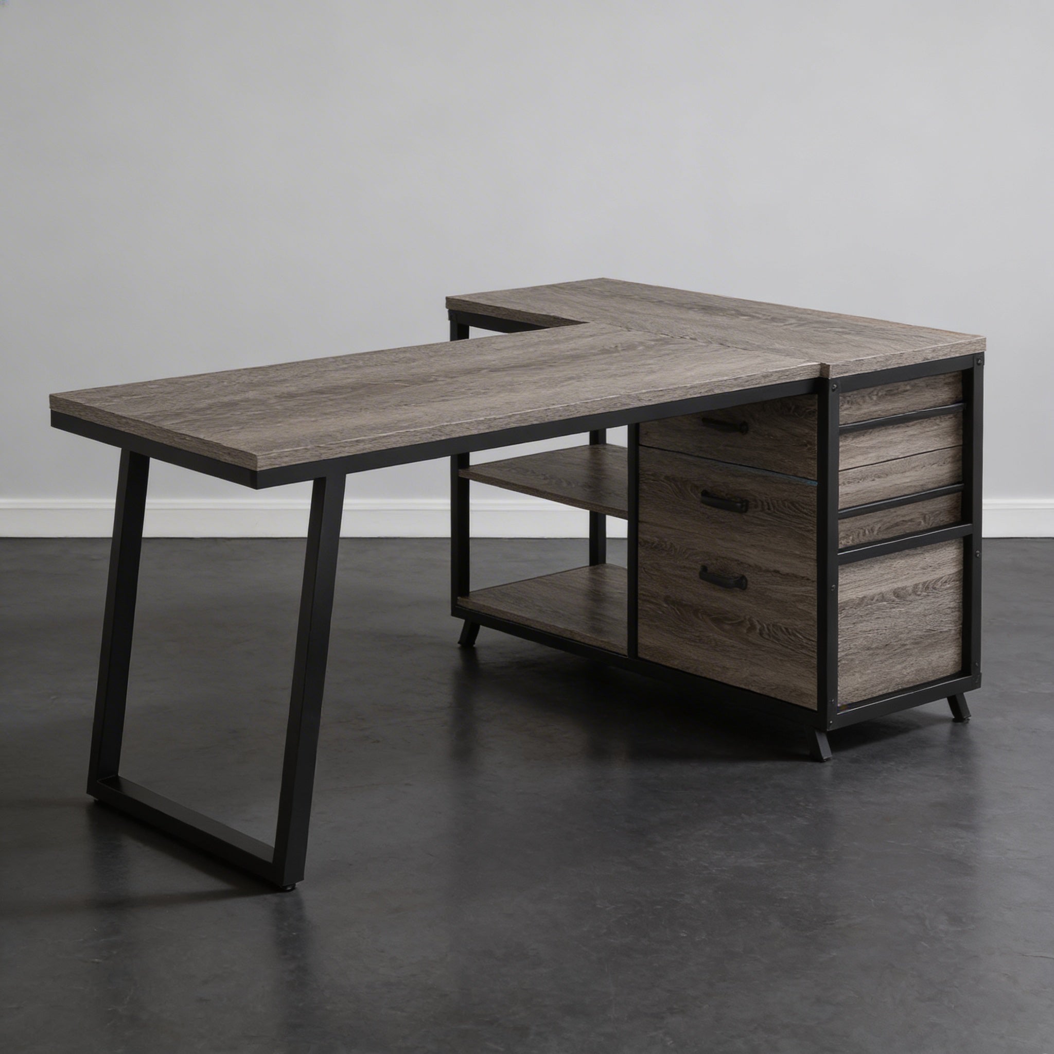 Bureau d’Angle Industriel en Bois Gris avec 3 Tiroirs et Étagères Ouvertes