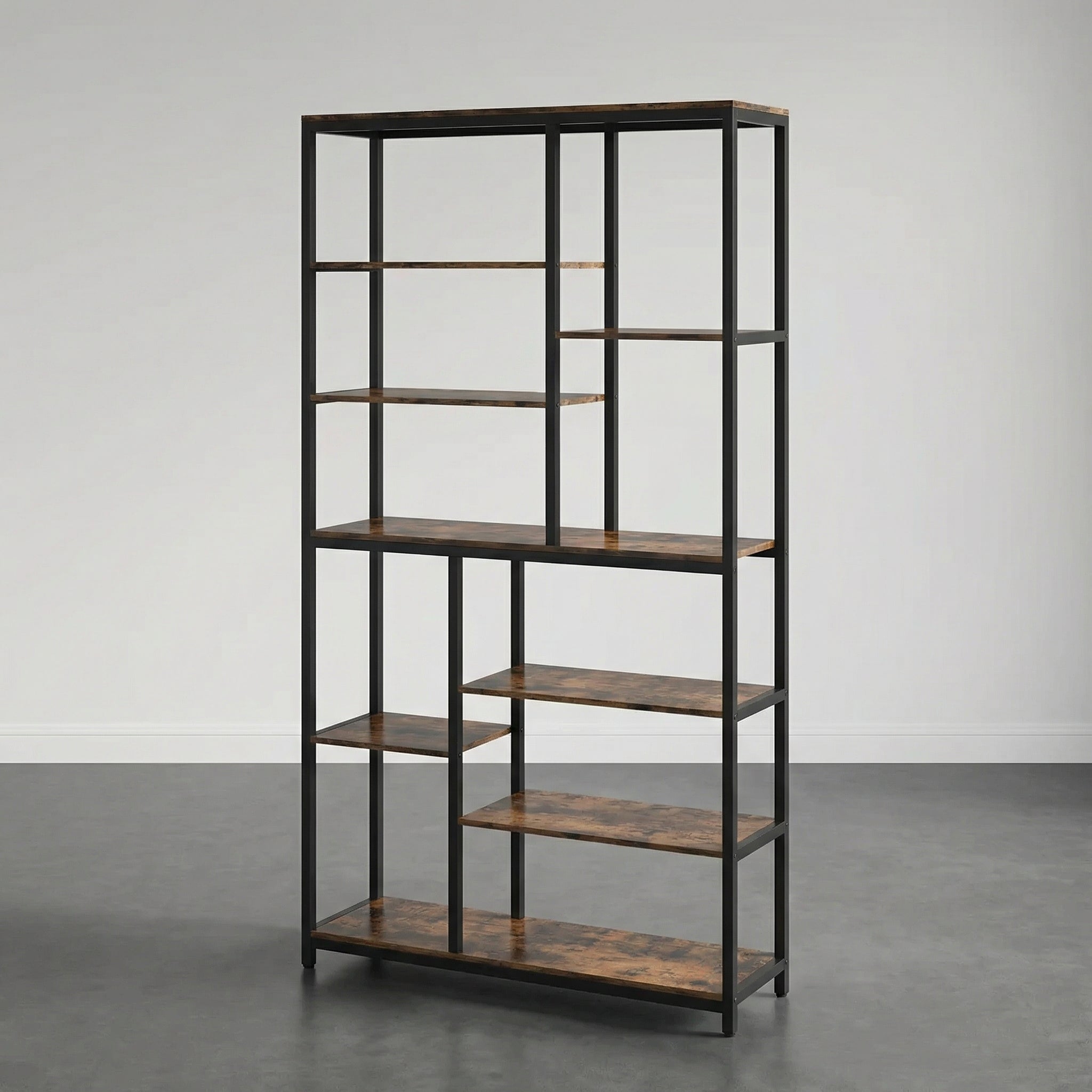 Bibliothèque Industrielle en Bois et Métal Noir à Étagères Asymétriques