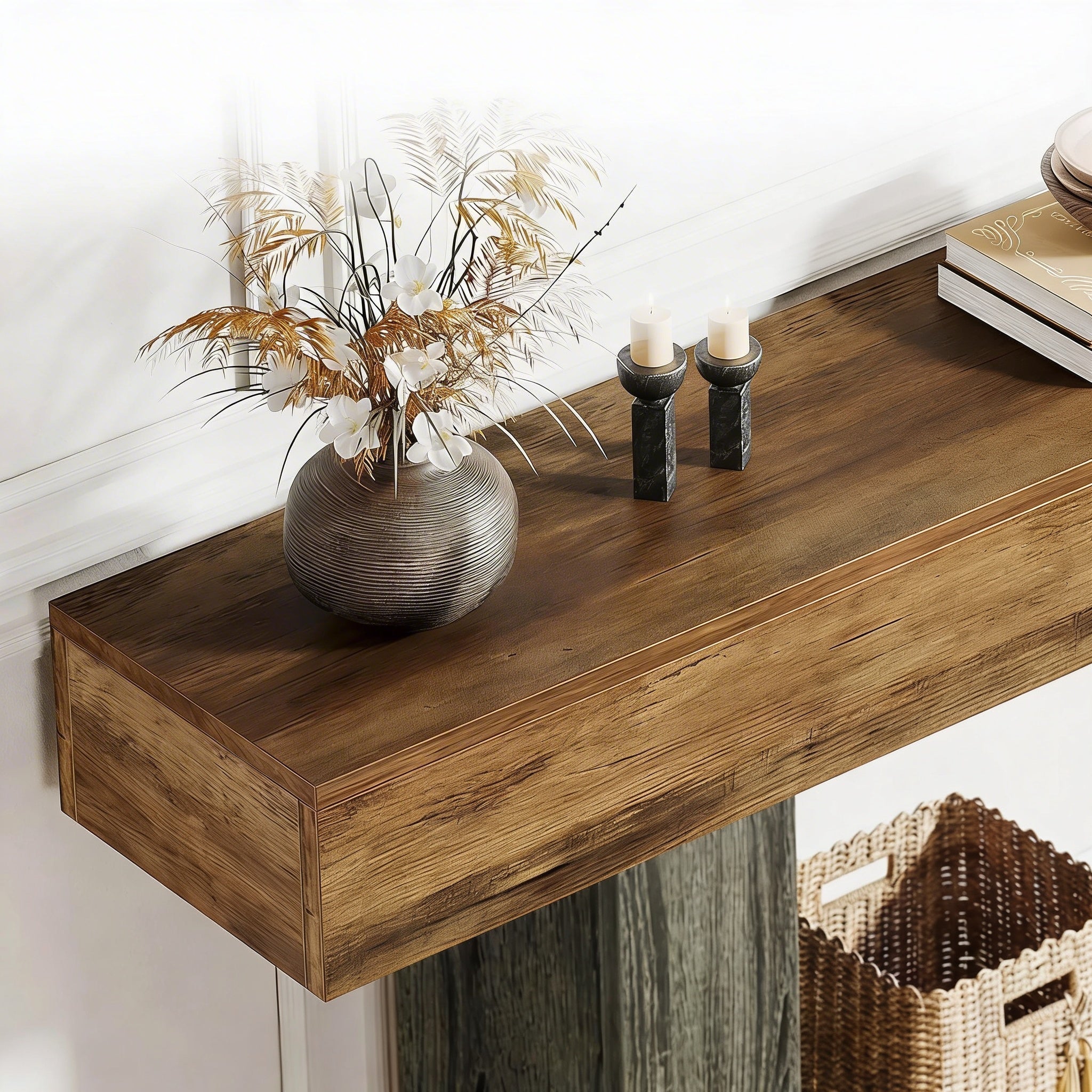 Console en Bois Bicolore avec Plateau Longiligne et Piètement Rectangulaire Architectural