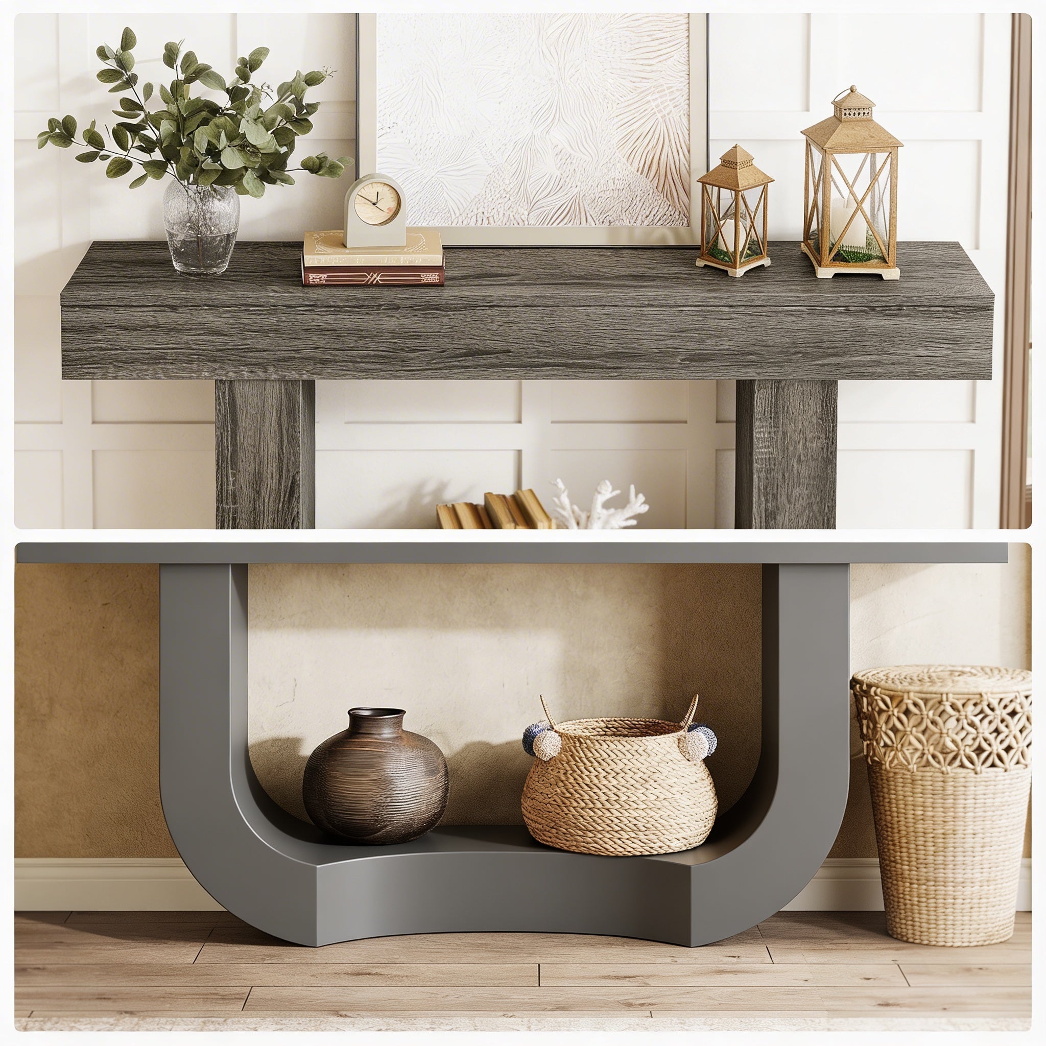 Console en Bois Bicolore avec Plateau Longiligne et Piètement Rectangulaire Architectural