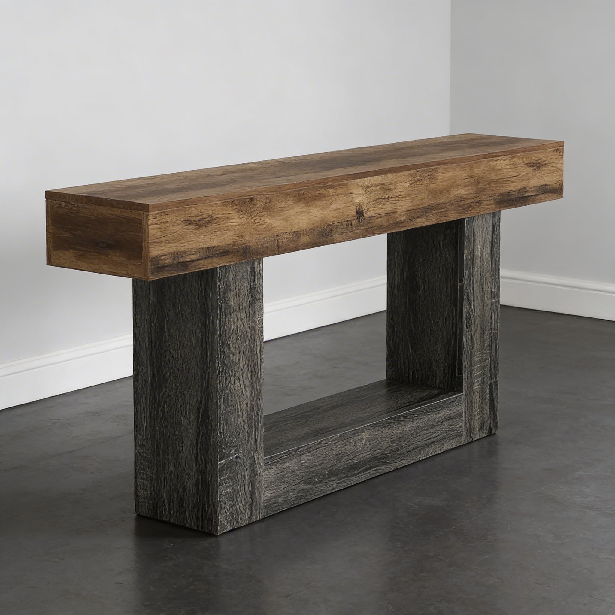 Console en Bois Bicolore avec Plateau Longiligne et Piètement Rectangulaire Architectural