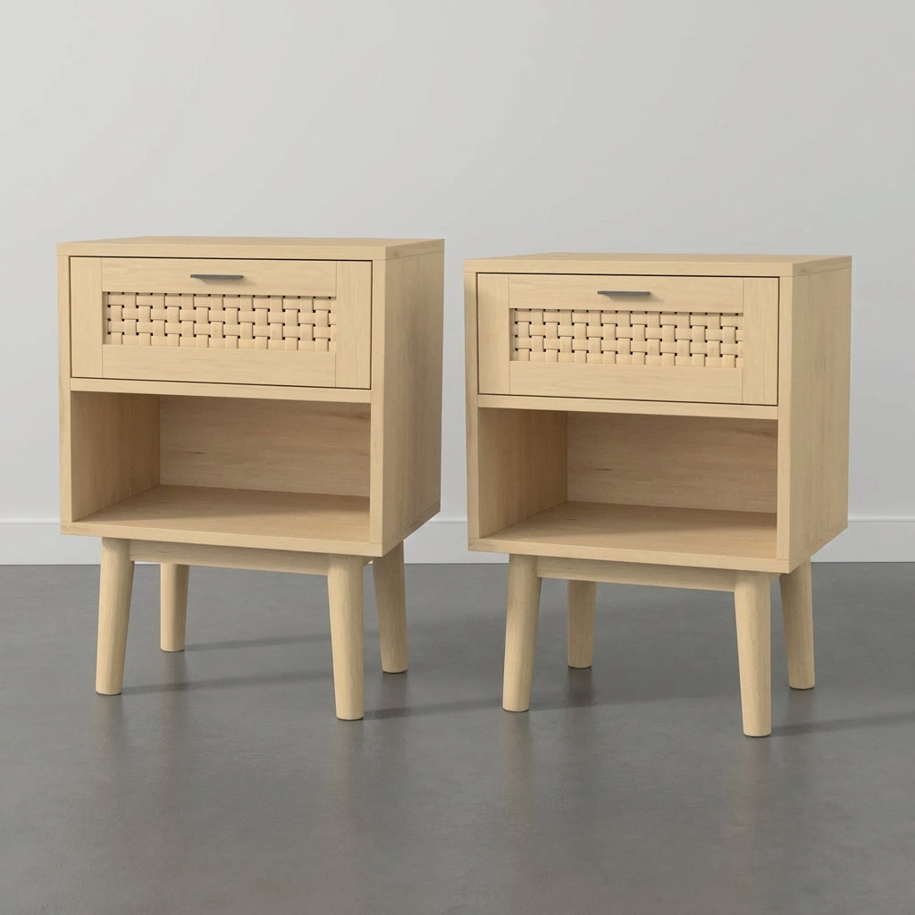 Lot de 2 Tables de Chevet avec Tiroir Tressé