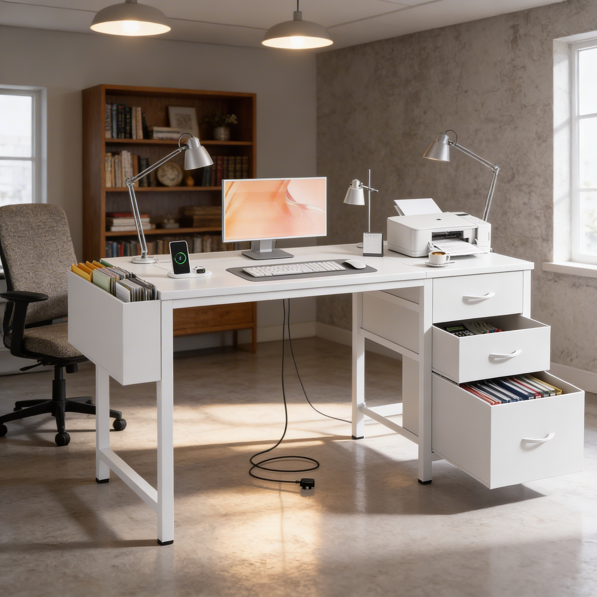 Bureau de Travail avec Rangement et Gestion des Câbles