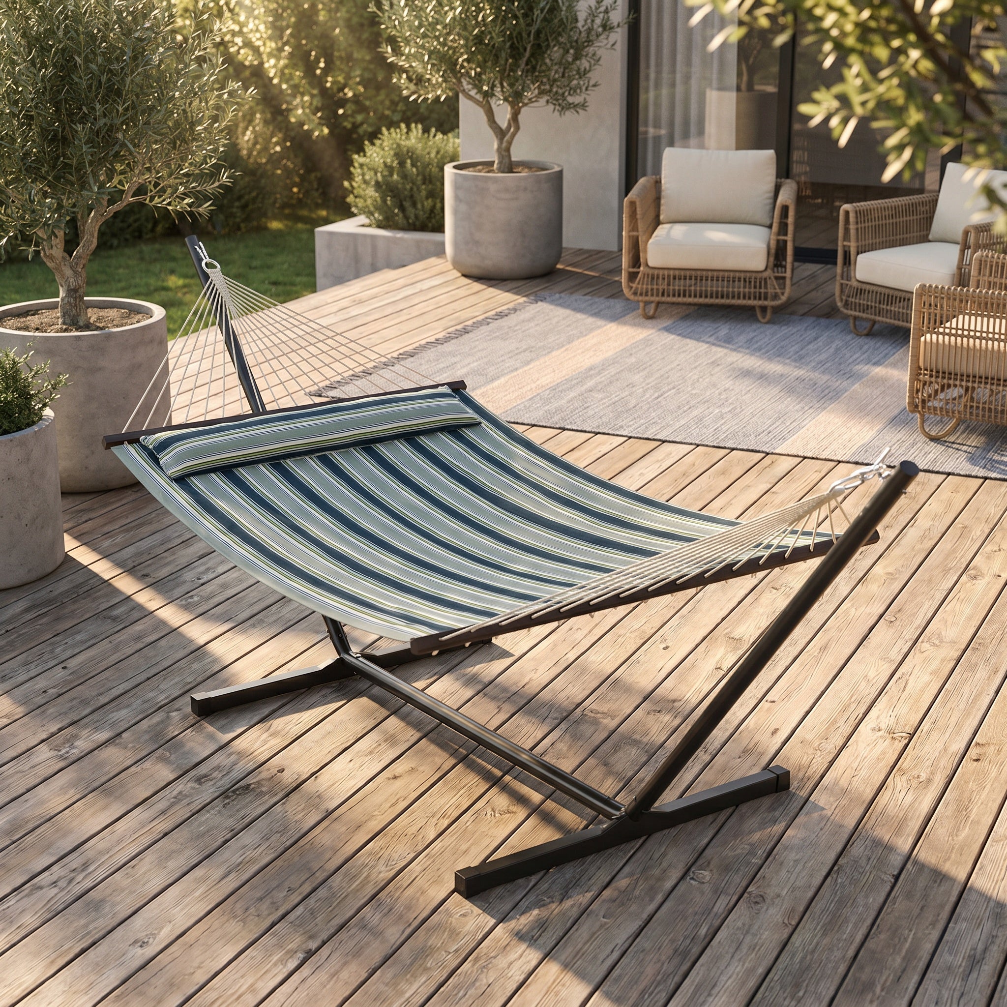 Hamac à barres avec support motif rayé bleu