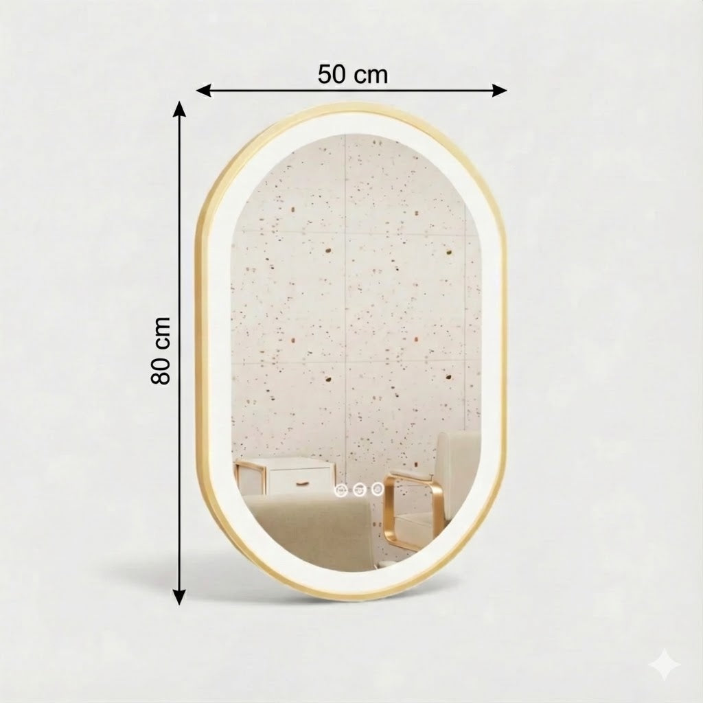 Miroir de Salle de Bain LED Oval – Cadre Doré avec Désembuage