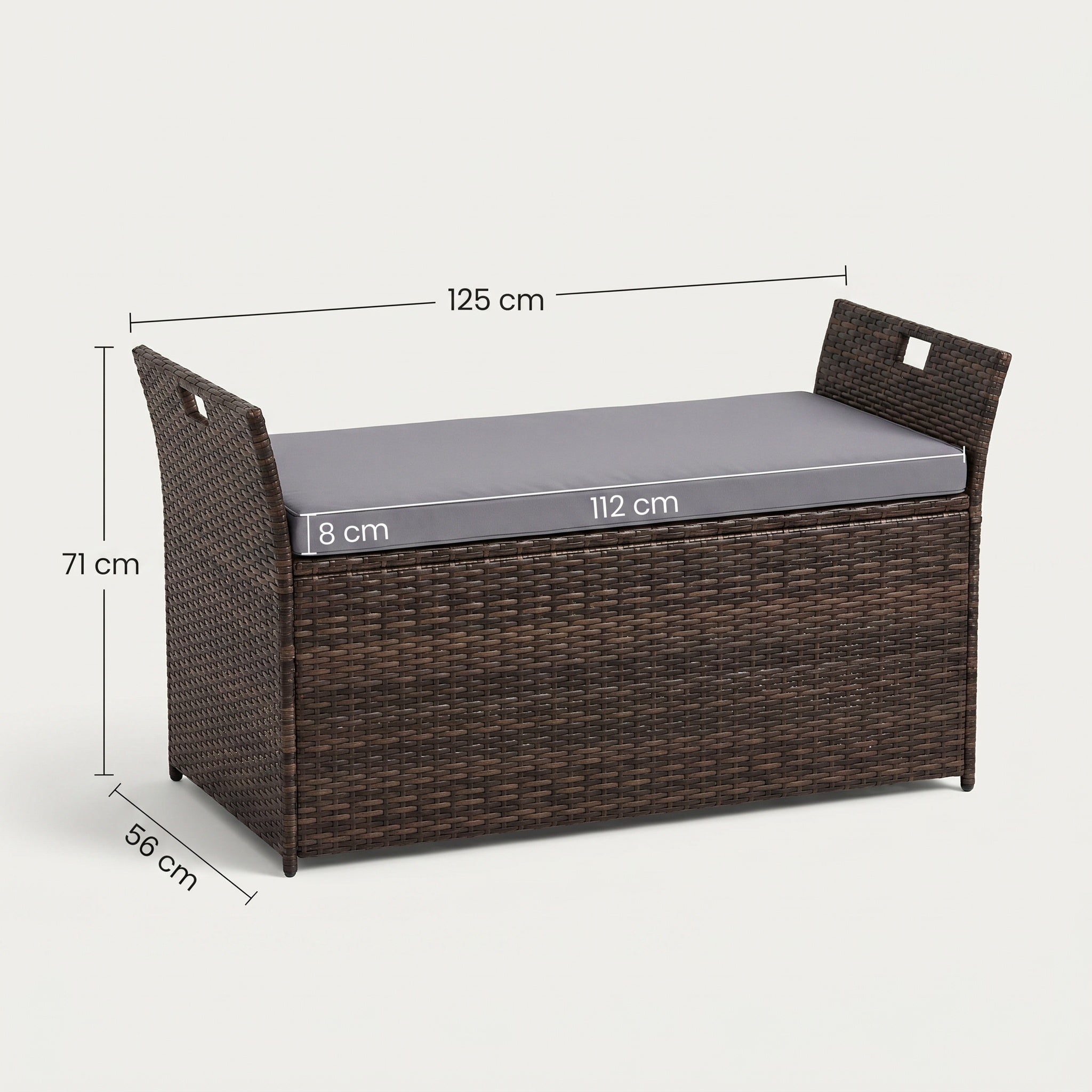 Banquette de rangement extérieure en résine tressée avec coussin gris